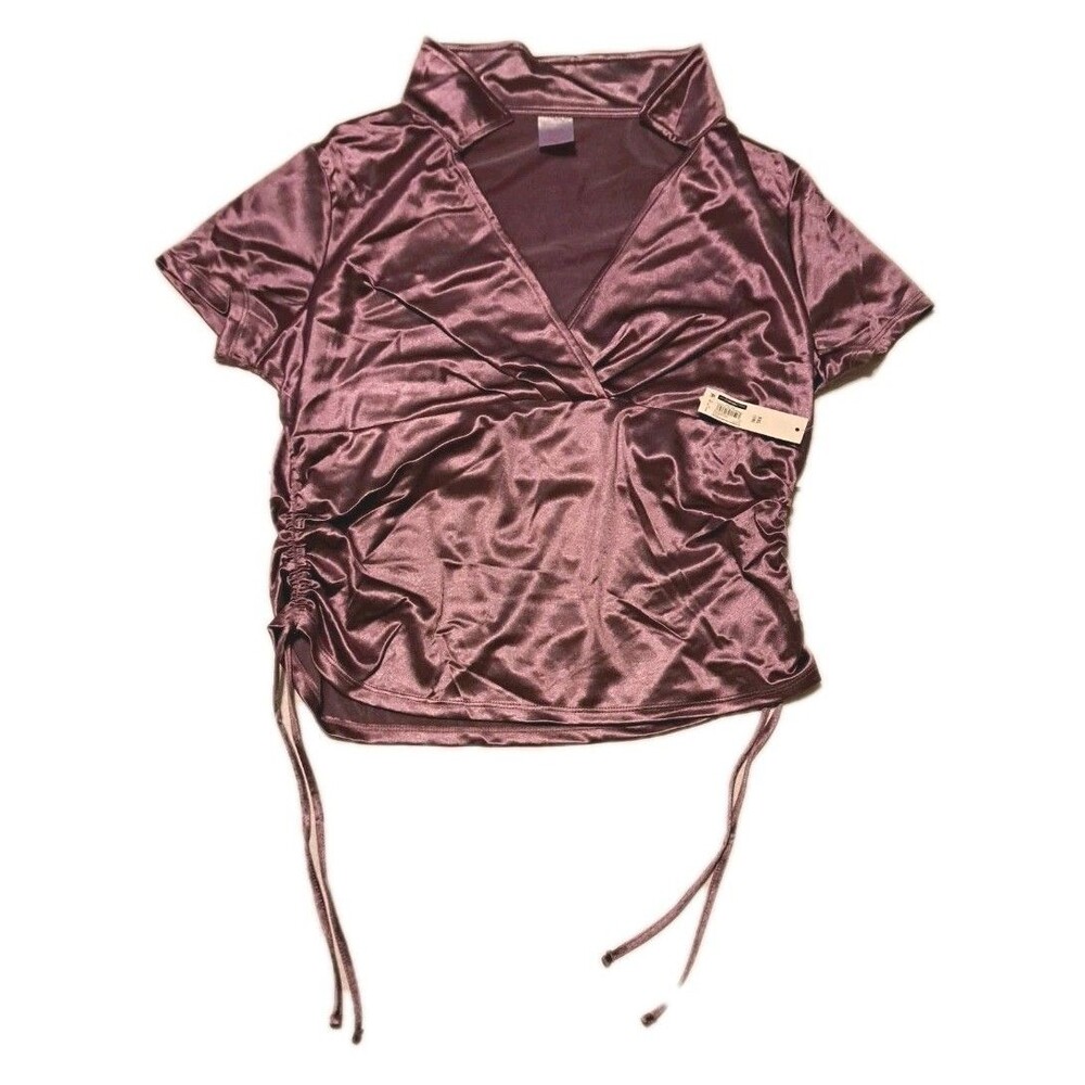No Boundaries Juniors XXL (19) Violet Satin Johnny Collar Top Side Ruched NEW